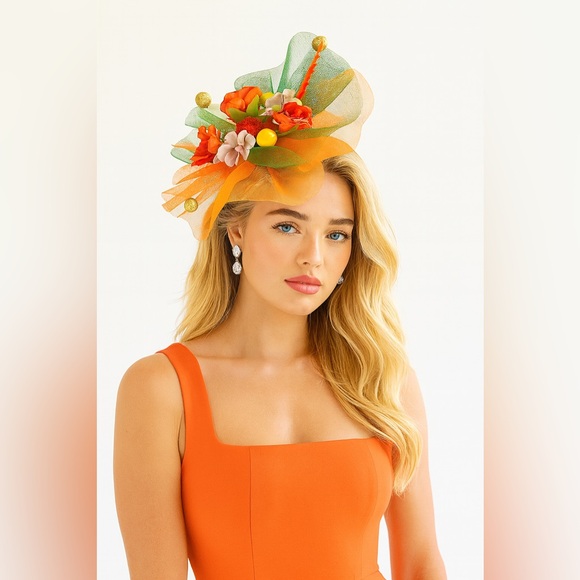 Elegant Orange Floral Fascinator Kentucky Derby Hat Church Tea Wedding Headwear - Picture 1 of 2